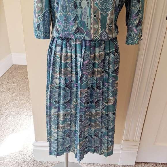 Vintage M.C.S Ltd NY teal abstract paisley dress - Picture 5 of 10